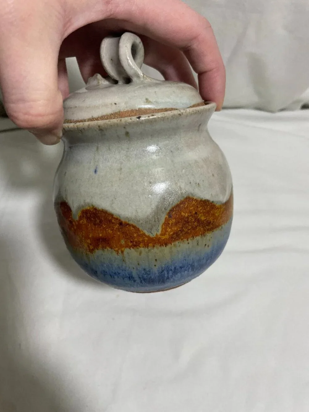 Vintage MCM Studio Stoneware Lidded Sugar Jar Spoon Notch Floral Chop Mark